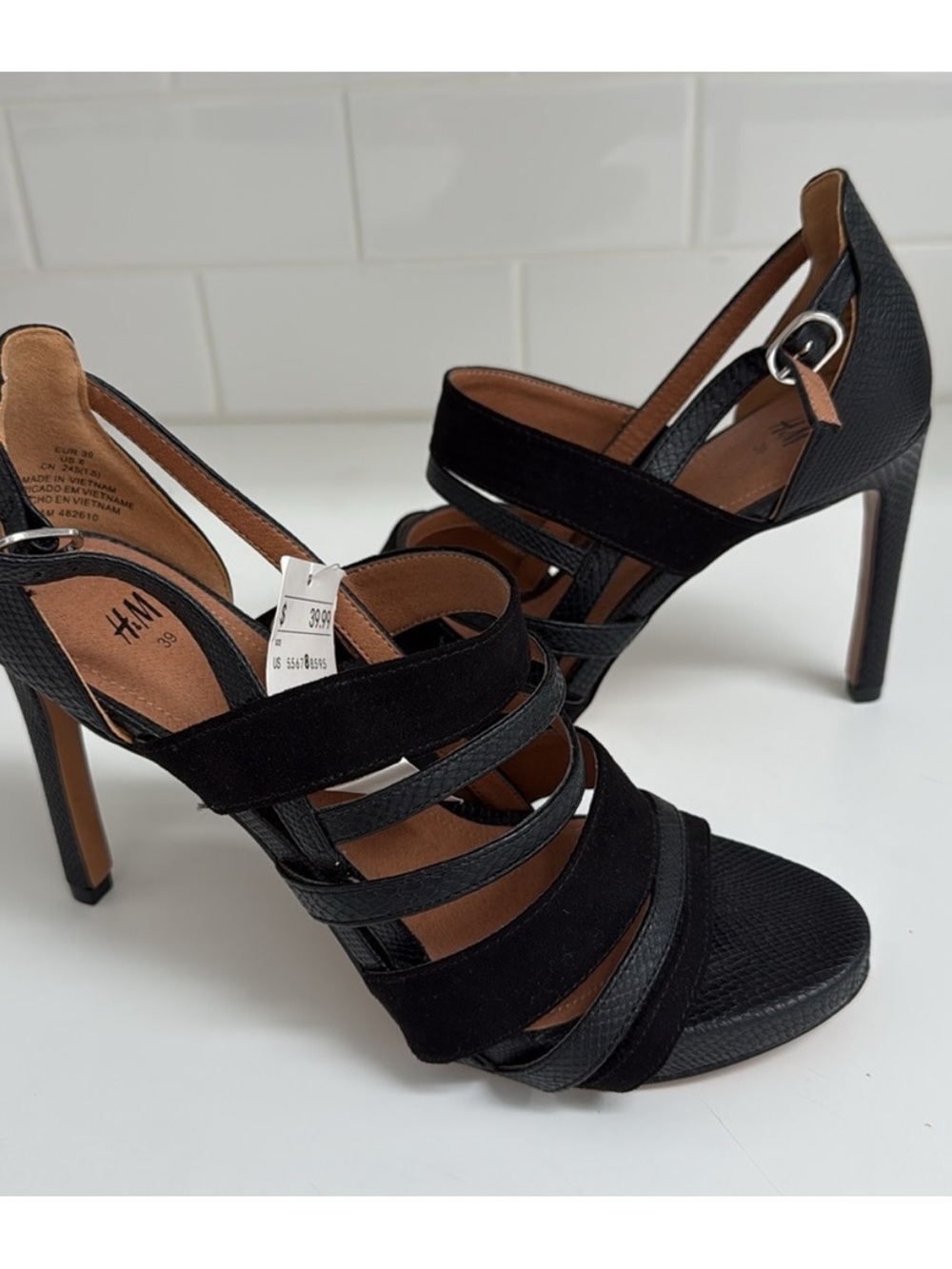 H&M Black Embossed Leather Suede Strappy High Heel Platform Sandals 39